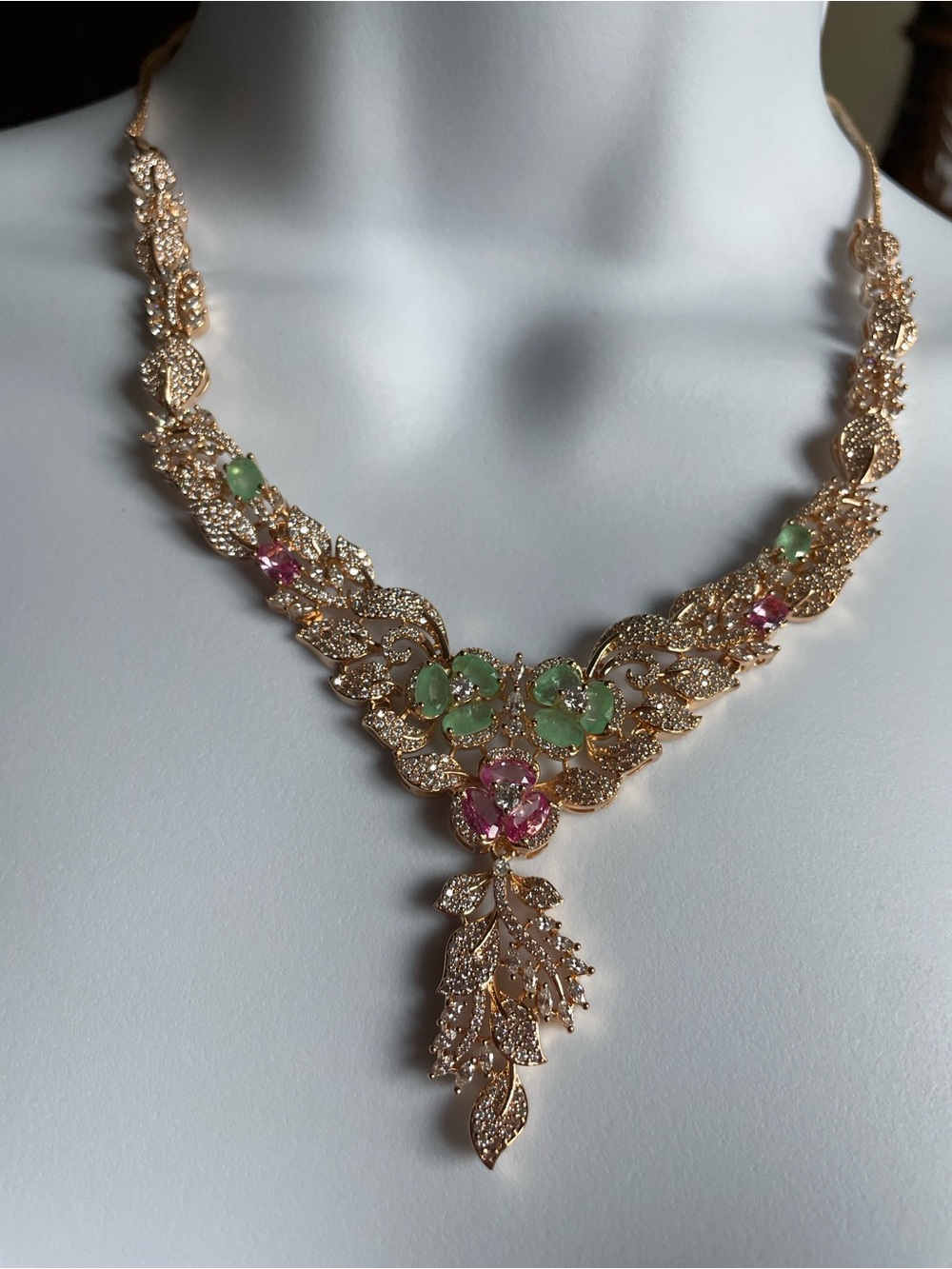 Gold Floral Crystal Necklace with Green and Pink Accents